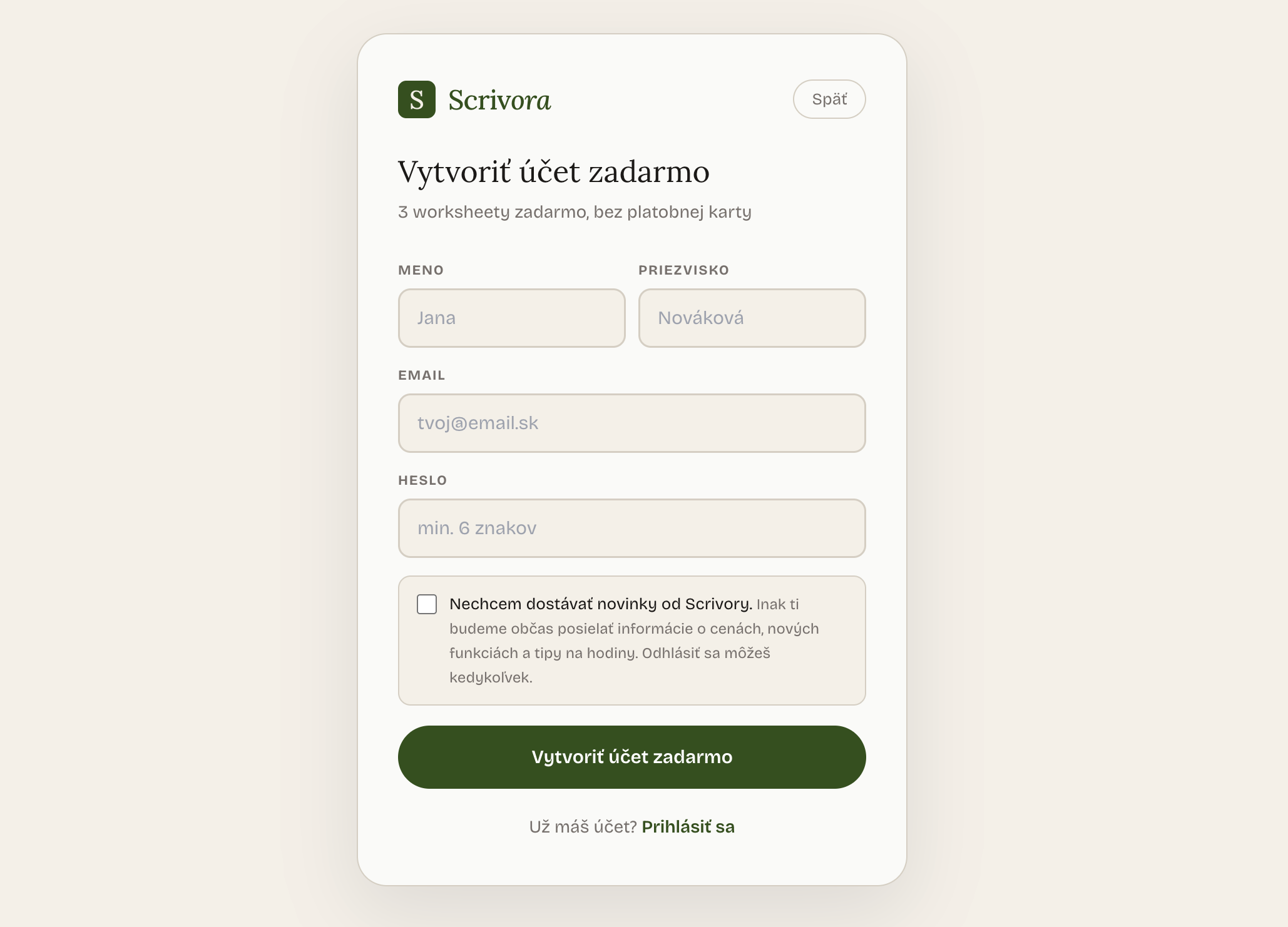 Registračný formulár Scrivora: meno, priezvisko, email, heslo, súhlas s newsletter
