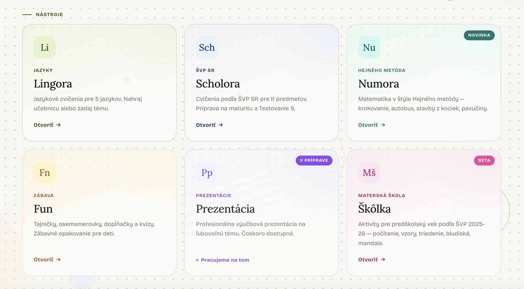 Dashboard Scrivora so 6 nástrojmi: Lingora, Scholora, Numora, Fun, Prezentácia, Škôlka