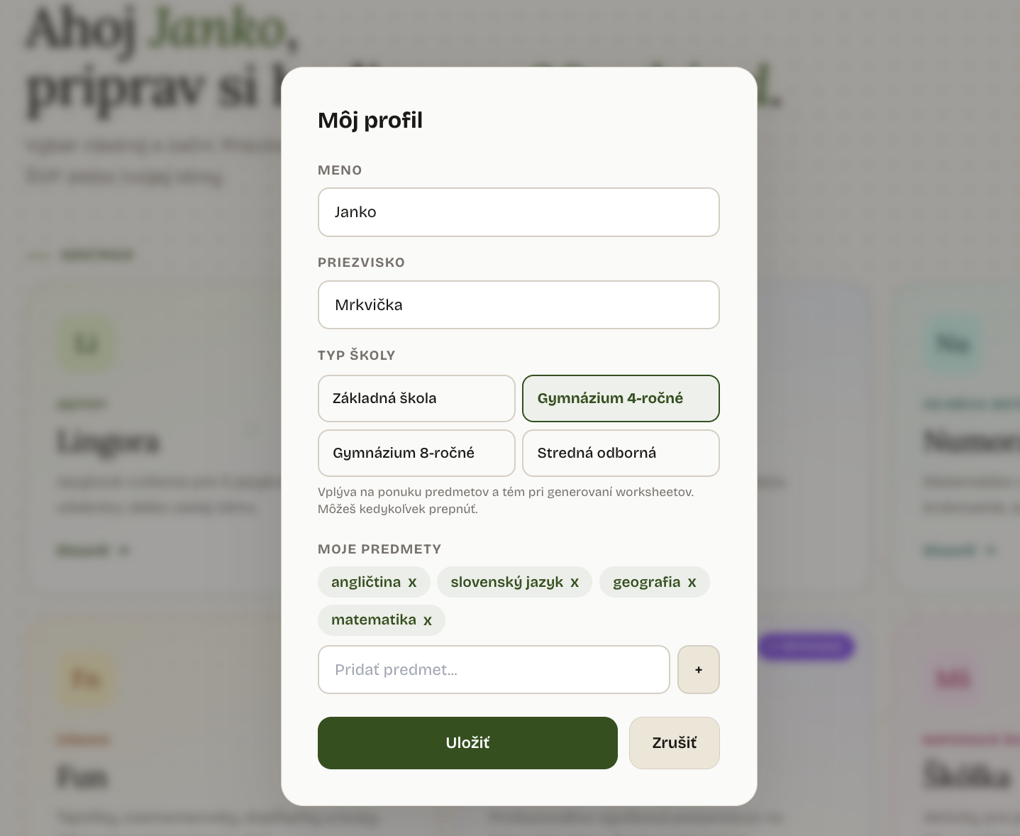 Modal Môj profil: meno, priezvisko, výber typu školy (ZŠ, Gymnázium 4-r, 8-r, Stredná odborná), zoznam predmetov ako chips