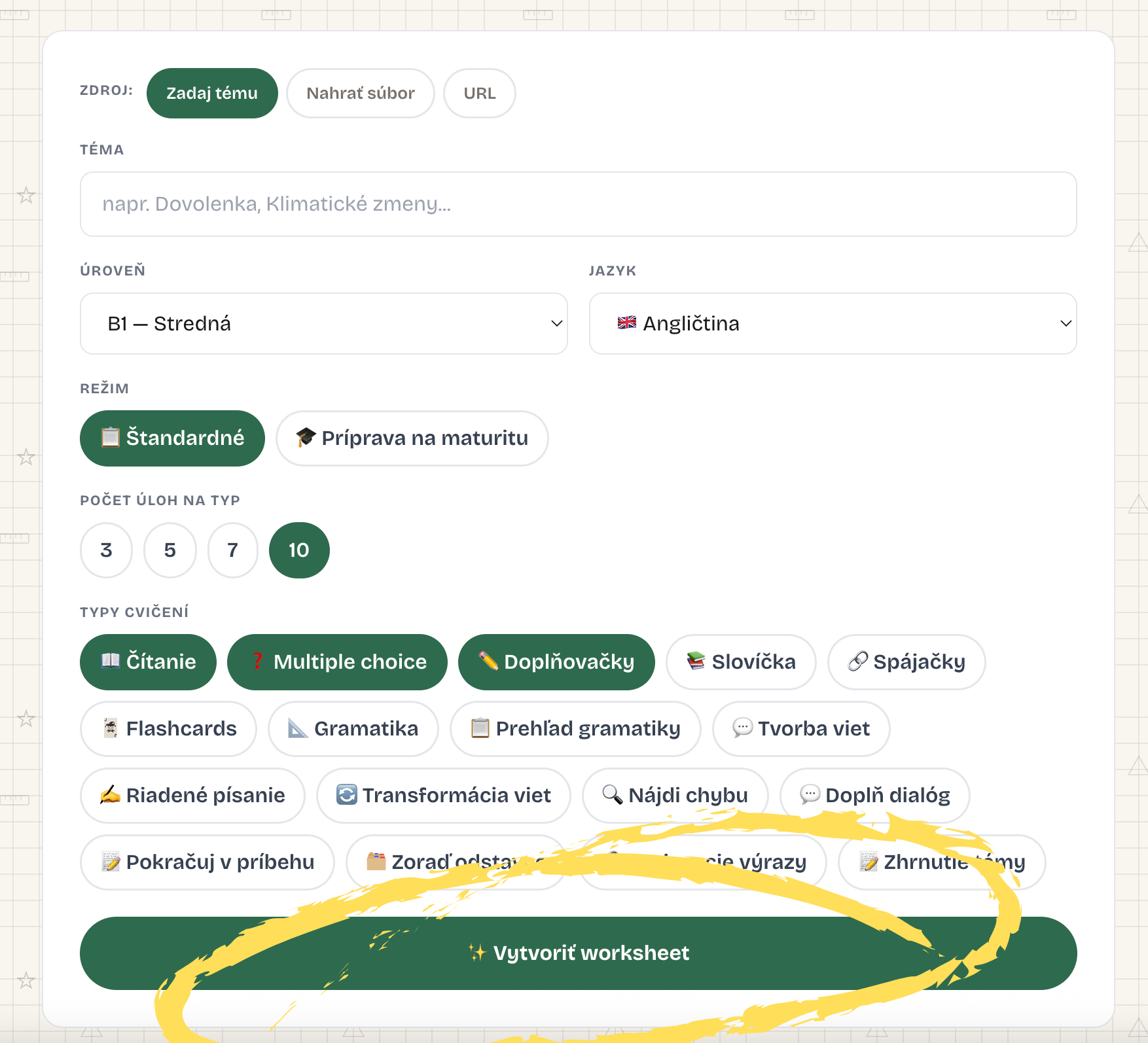 Spodok generátora s tlačidlom Vytvoriť worksheet zvýrazneným žltým kruhom