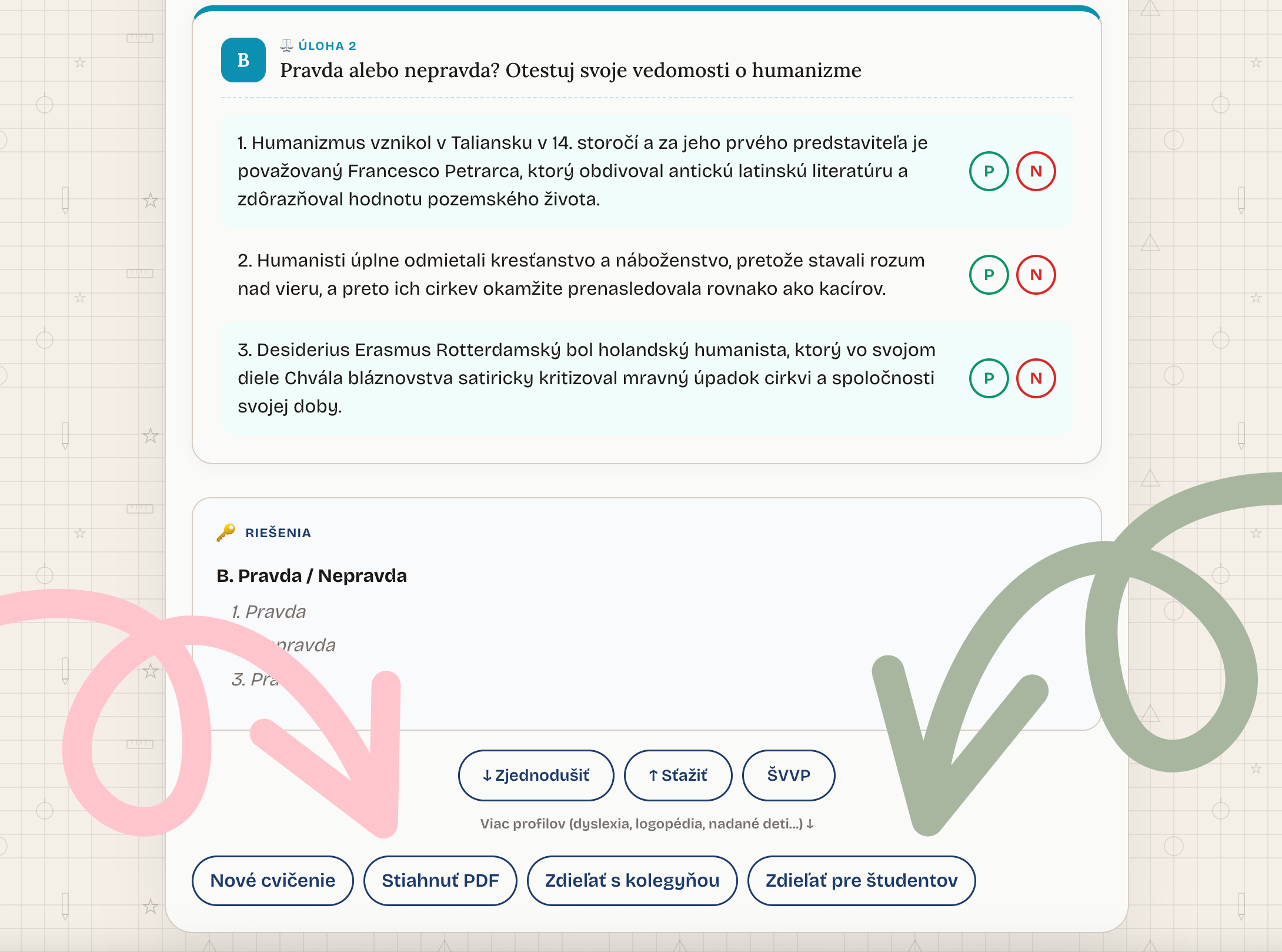 Spodok worksheet stránky: tlačidlá Zjednodušiť, Sťažiť, ŠVVP, Nové cvičenie, Stiahnuť PDF, Zdieľať s kolegyňou, Zdieľať pre študentov